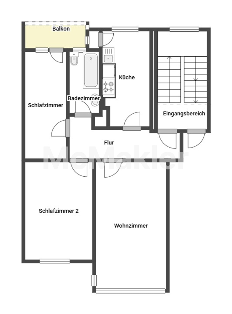 Attraktive 3-Zimmer-Eigentumswohnung mit Balkonfront im 3. Obergeschoss – Grundriss 1