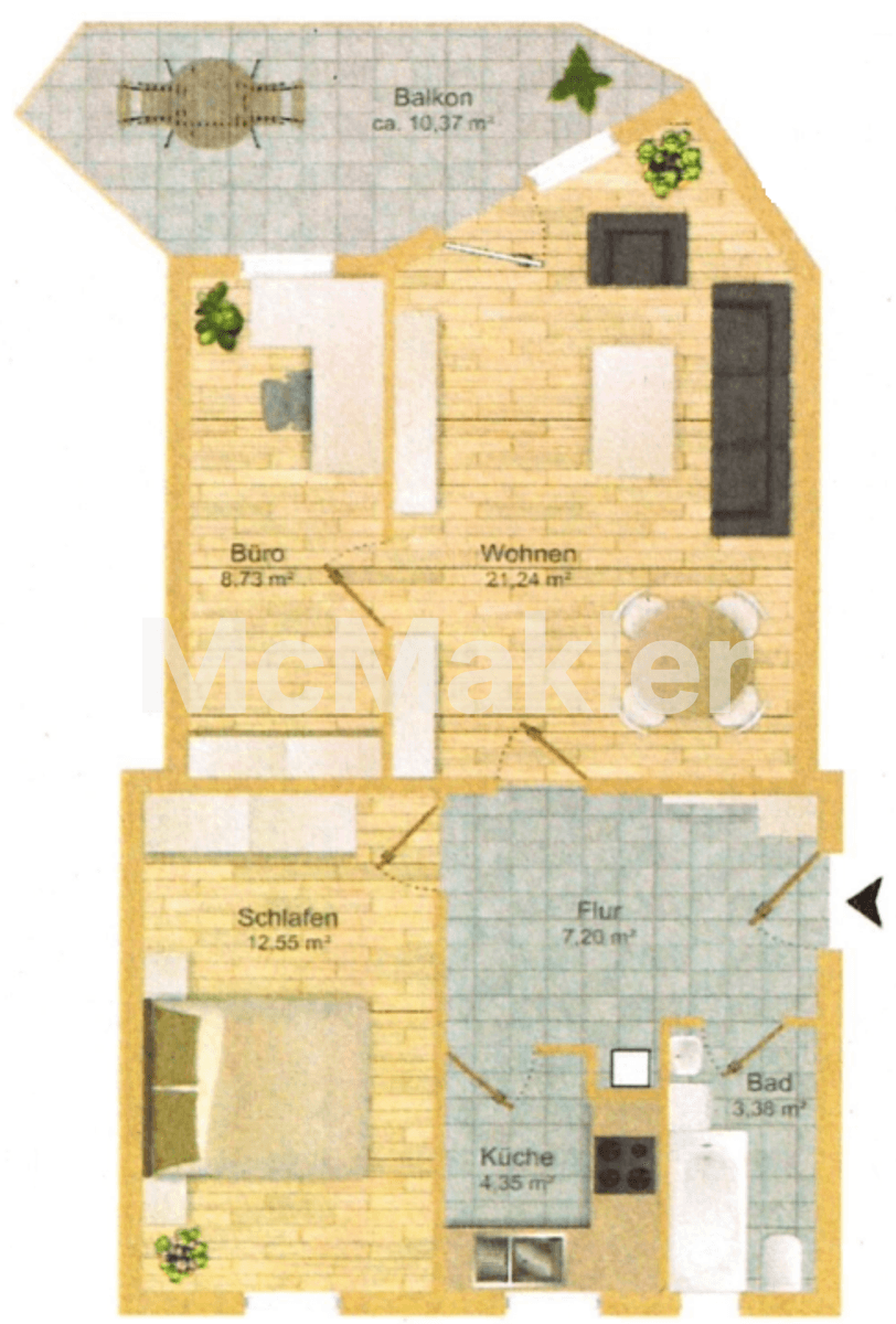 Vermietete 2,5- Zimmer Wohnung mit großzügigem Balkon in Rudow (Neukölln) – Grundriss 1